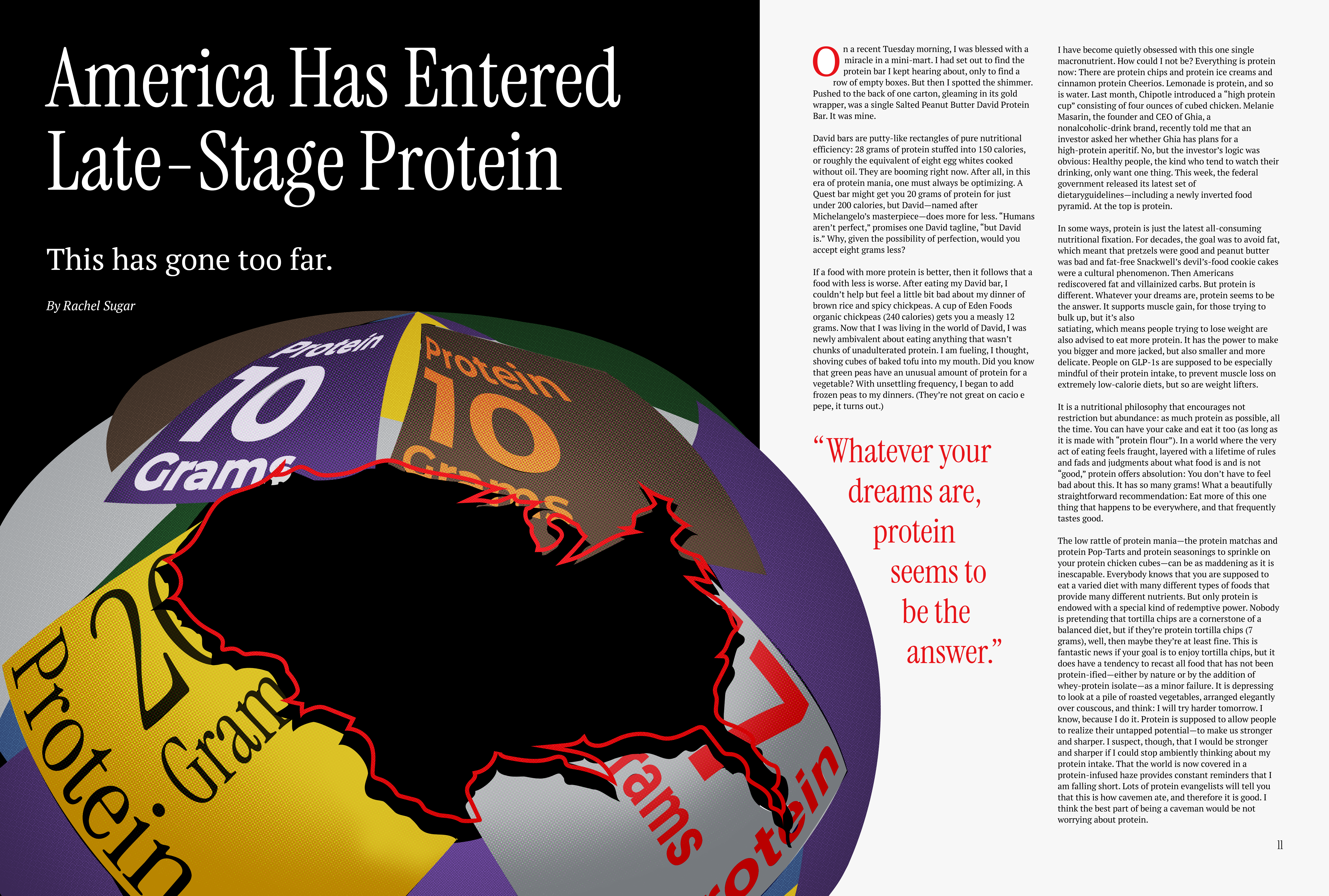 Magazine interior spread with editorial illustration